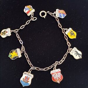 Vintage Sterling Silver Charms German Travel Enamel Shield Link Chain Bracelet